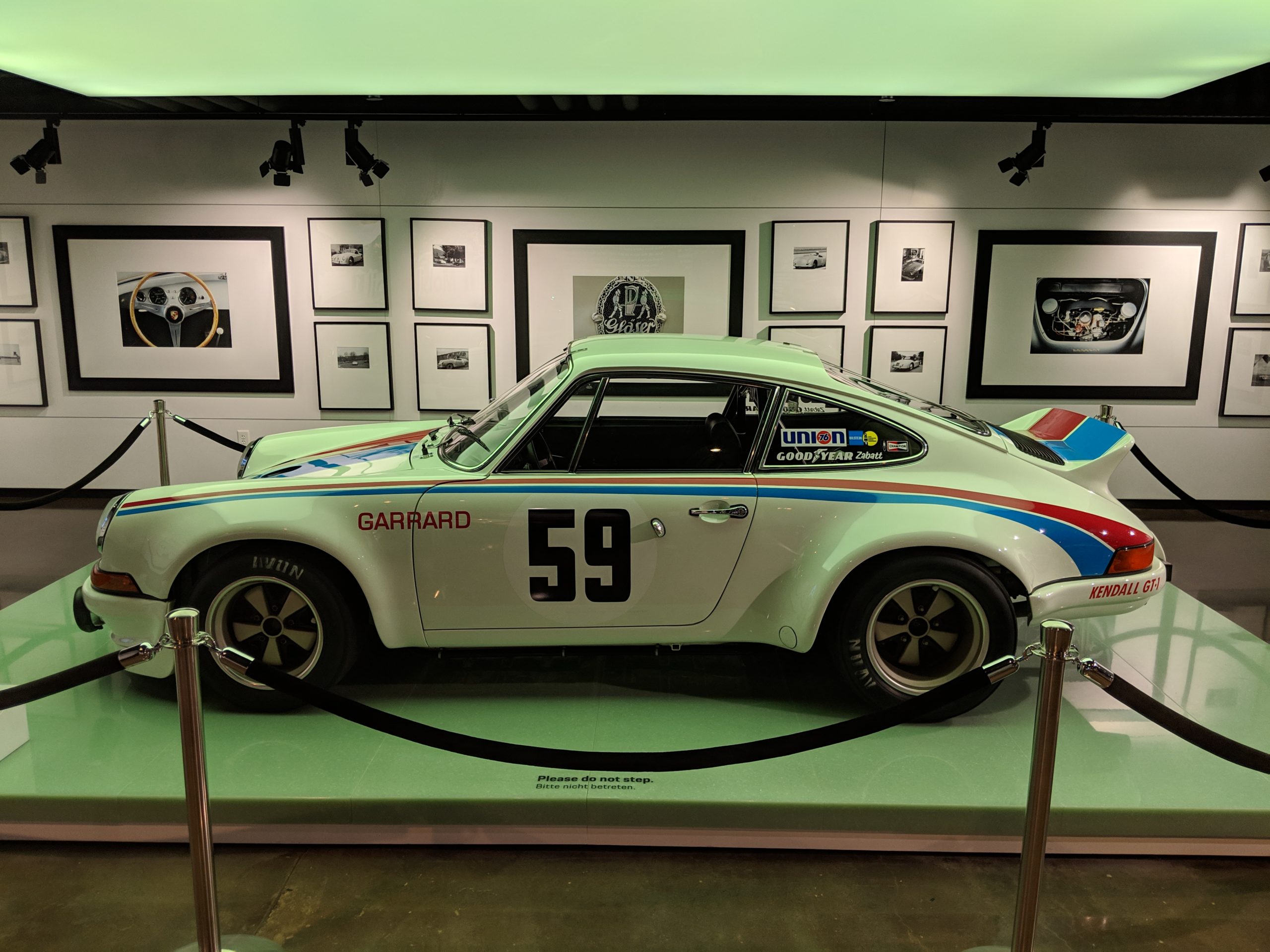 Side view of a Brumos Liveried 911 Porsche RSR at the Porsche Experience Center in Atlanta, GA.