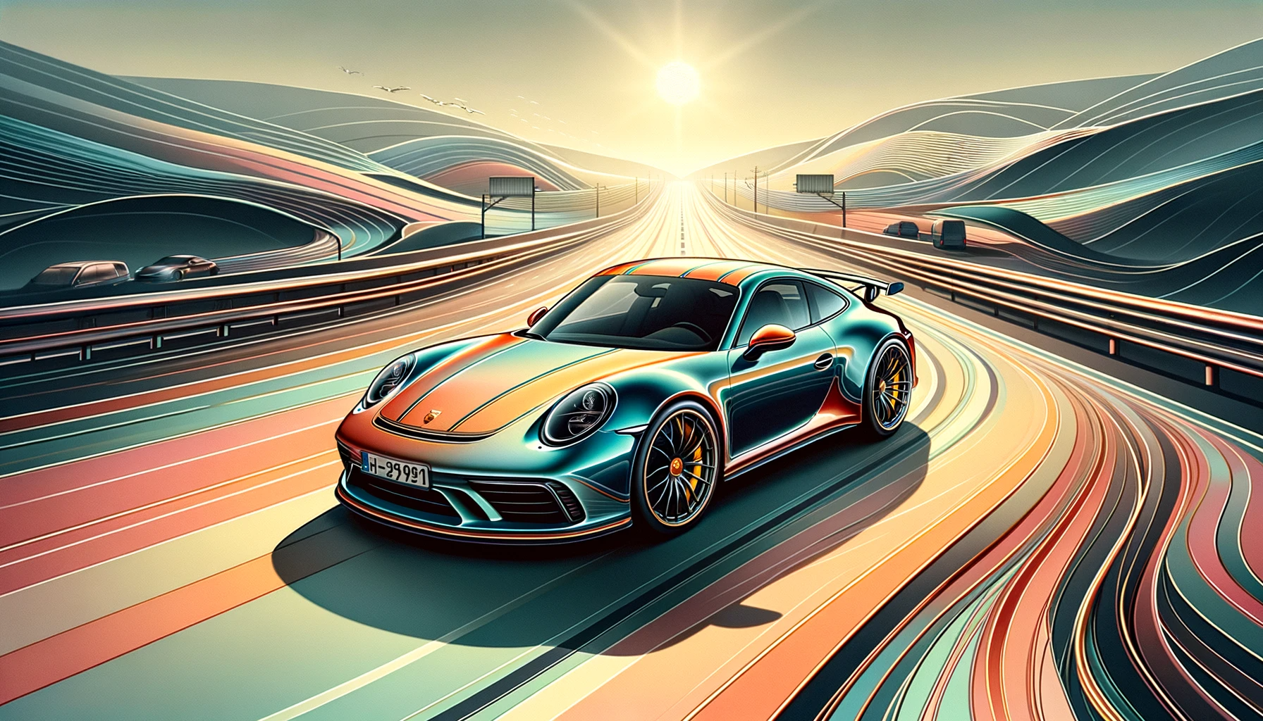 AI generated image of a GTS-based special edition Porsche 911. This car is the Porsche FT which celebrates free-moving traffic.